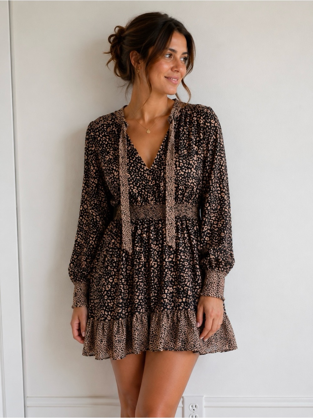 Anthropologie Black and Tan Printed V-Neck Mini Dress